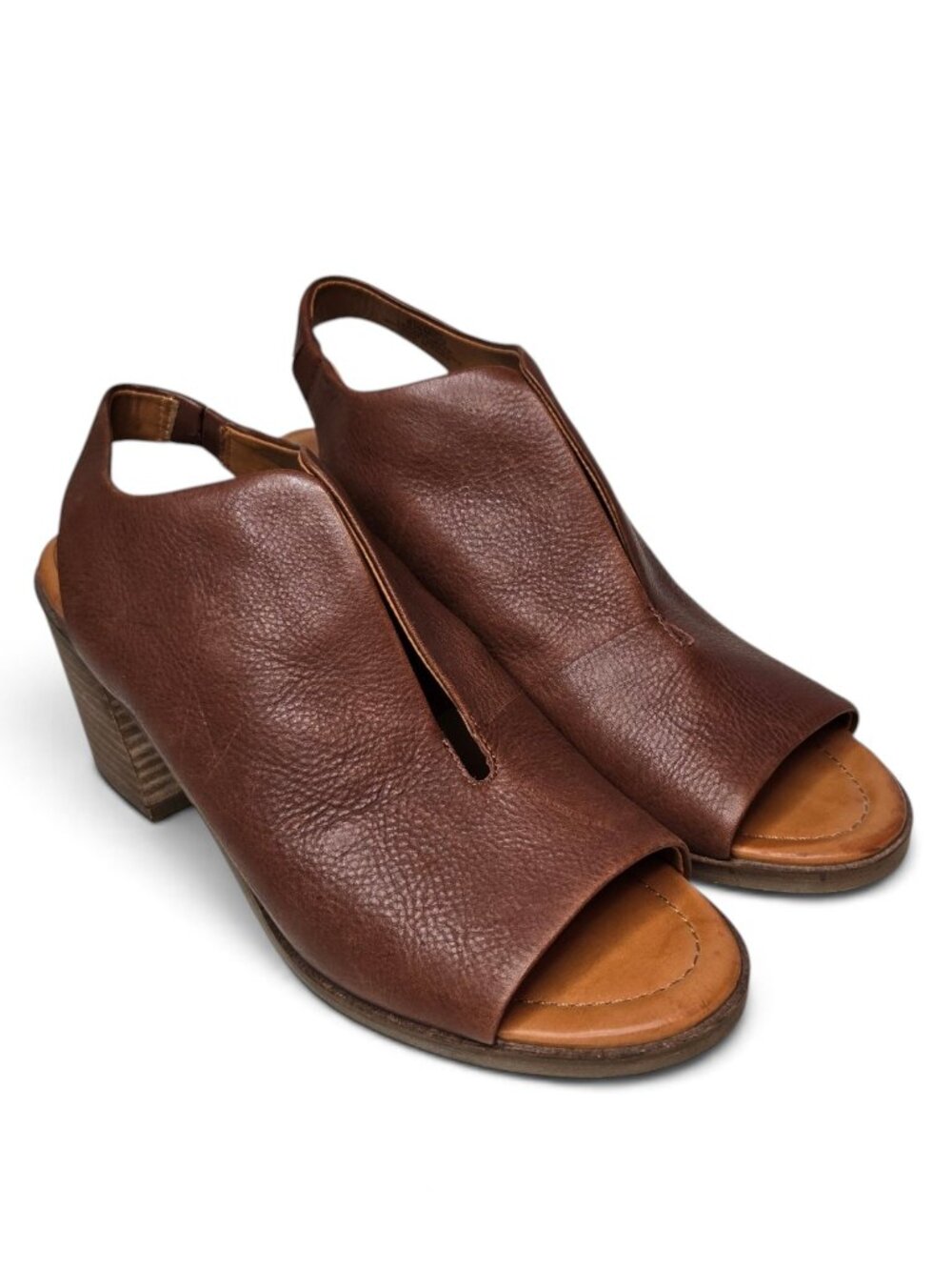 Lucky Brand Rhazy Leather Slingback Heels Pebble Brown Cut Out Front Slit 8.5